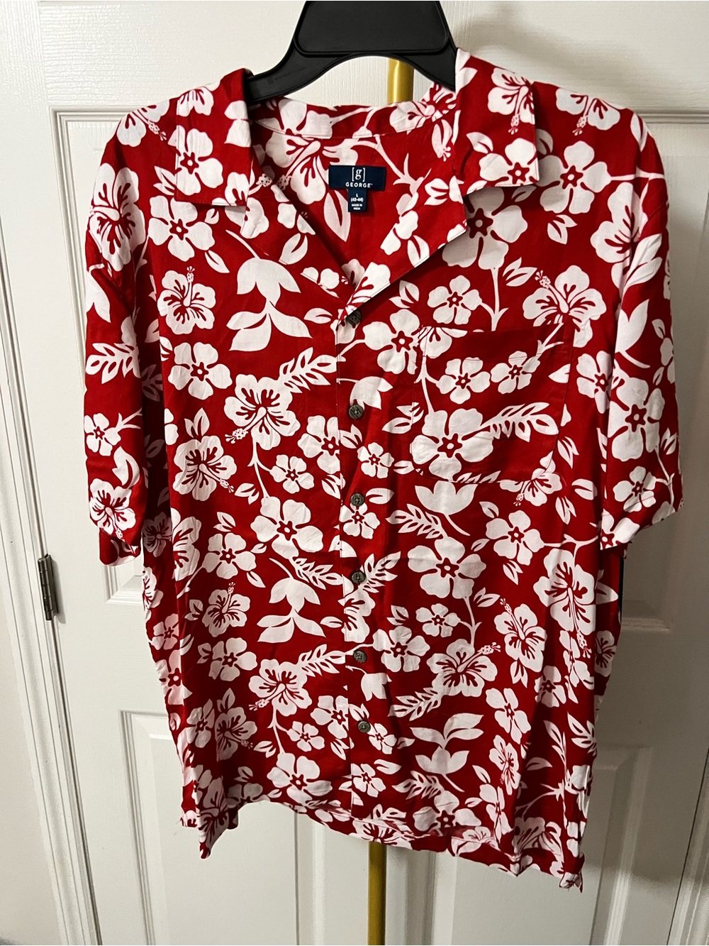 George Red Hawaiian Floral Collared Button Down Lightweight Shirt